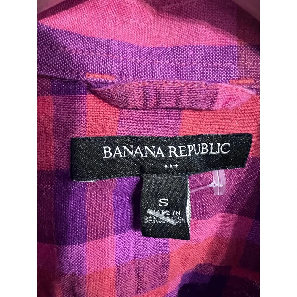 Banana Republic Mens Pink Purple Plaid Linen Short Sleeve‎ Button Up Shirt S